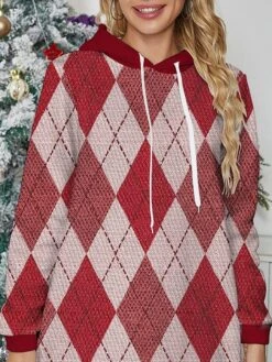Women's Casual Dress Hoodie Dress Mini Dress Warm Fashion Outdoor Christmas Holiday Hoodie Print Geometric Loose Fit Red S M L XL XXL -Tesla Style xucrui1696733153484