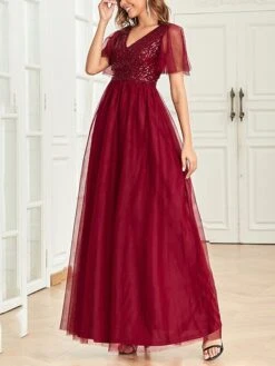 Women‘s Christmas Prom Dress Party Dress Sequin Dress Long Dress Maxi Dress Wine Short Sleeve Pure Color Sparkly Glitter Sequins Fall Winter Autumn V Neck Fashion Wedding Guest Birthday Evening Party -Tesla Style xufpck1693376303433