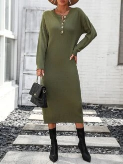 Women's Sweater Dress Winter Dress Jumper Dress Midi Dress Button Daily Date Going Out Fashion Basic Crew Neck Long Sleeve 2023 Loose Fit Black White Purple Color S M L XL Size -Tesla Style xufsee1691991573271