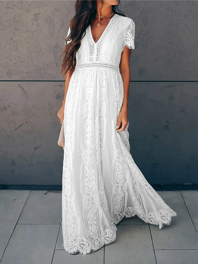 Women's Party Dress Lace Dress Swing Dress Long Dress Maxi Dress Pink White Short Sleeve Pure Color Lace Spring Summer V Neck Modern 2023 S M L XL XXL 6 Women's Party Dress Lace Dress Swing Dress Long Dress Maxi Dress Pink White Short Sleeve Pure Color Lace Spring Summer V Neck Modern 2023 S M L XL XXL - Image 4