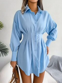Women's Work Dress White Dress Semi Formal Dress Fashion Office Daily Workfashion Mini Dress Ruched Button Shirt Collar Long Sleeve Plain Loose Fit White Blue Army Green Fall Winter S M L XL -Tesla Style xuyxge1695026959227