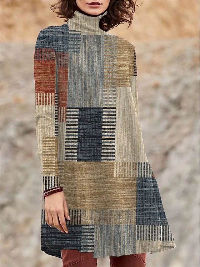 Women's Work Dress Casual Dress Swing Dress Fashion Winter Dress Daily Mini Dress Print Turtleneck Long Sleeve Geometric Color Block Regular Fit Yellow Wine Red Fall Winter S M L XL XXL 7 Women's Work Dress Casual Dress Swing Dress Fashion Winter Dress Daily Mini Dress Print Turtleneck Long Sleeve Geometric Color Block Regular Fit Yellow Wine Red Fall Winter S M L XL XXL - Image 5