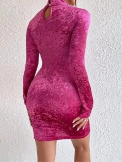 Women's Party Dress Velvet Dress Homecoming Dress Mini Dress Rose Long Sleeve Pure Color Cut Out Spring Fall Winter High Neck Fashion Winter Dress Wedding Guest Vacation 2023 S M L XL -Tesla Style xvcaoq1692860979716