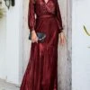 Women's Prom Dress Party Dress Wedding Guest Dress Long Dress Maxi Dress Silver Black Red Long Sleeve Pure Color Ruched Spring Fall Winter V Neck Fashion Winter Dress Wedding Guest Evening Party 2023 -Tesla Style xvqfor1695028815716