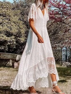 Women's Party Dress Swing Dress Midi Dress White Short Sleeve Pure Color Lace Summer Spring V Neck Elegant Outdoor Weekend 2023 S M L XL -Tesla Style xvukmm1654497317570