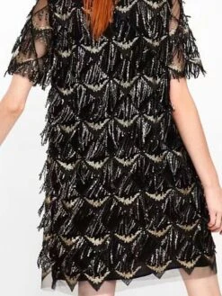 Women‘s Party Dress Fringe Dress Sequin Dress Homecoming Dress Mini Dress Black Champagne Short Sleeve Pure Color Sparkly Glitter Sequins Spring Fall Winter Crew Neck Fashion Winter Dress -Tesla Style xwbhuk1692690730296