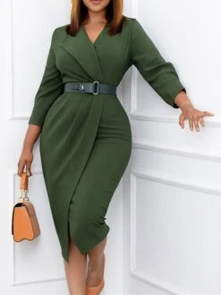 Women's Work Dress Casual Dress Sheath Dress Fashion Office Daily Workfashion Midi Dress Lace Up Ruched V Neck Long Sleeve Plain Regular Fit Red Green Dark Blue Fall Winter S M L XL XXL -Tesla Style xwckrt1695645165425