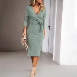 Women's Sweater Dress Winter Dress Jumper Dress Midi Dress Lace Up Daily Date Going Out Fashion Basic V Neck Long Sleeve 2023 Slim Green Dark Grey Beige Color S M L XL Size -Tesla Style xwidry1697696854023