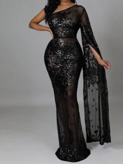 Women's Party Dress Sequin Dress Sheath Dress Long Dress Maxi Dress Black Gold Long Sleeve Floral Print Spring Fall Winter One Shoulder Fashion Party Winter Dress Evening Party Slim 2023 S M L XL XXL -Tesla Style xwjyhw1657190188228