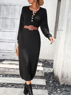 Women's Sweater Dress Winter Dress Jumper Dress Midi Dress Button Daily Date Going Out Fashion Basic Crew Neck Long Sleeve 2023 Loose Fit Black White Purple Color S M L XL Size -Tesla Style xwmbzt1691991578407