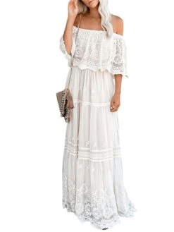 Women's Long Dress Maxi Dress Party Dress Lace Dress Swing Dress Floral Fashion Elegant Dress Daily Vacation Going Out Lace Mesh Half Sleeve Off Shoulder Dress Slim White Summer Spring S M L XL -Tesla Style xwrvkr1672990408219