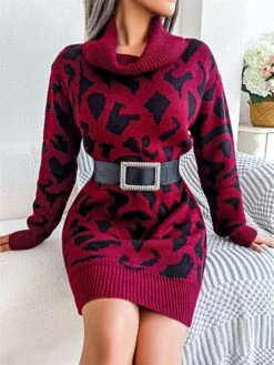 Women's Sweater Dress Jumper Dress Casual Dress Mini Dress Fashion Leopard Outdoor Daily Going Out Turtleneck Long Sleeve 2023 Loose Fit Black Wine Khaki S M L -Tesla Style xwuixz1694756292685