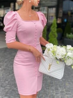 Women's Wedding Guest Dress Party Dress Cocktail Dress Midi Dress Black Pink Red Half Sleeve Pure Color Button Summer Spring Fall Square Neck Fashion Wedding Guest Vacation Fall Dress 2023 S M L XL