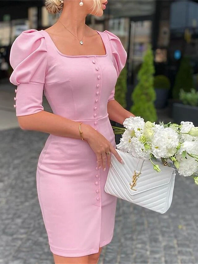 Women's Wedding Guest Dress Party Dress Cocktail Dress Midi Dress Black Pink Red Half Sleeve Pure Color Button Summer Spring Fall Square Neck Fashion Wedding Guest Vacation Fall Dress 2023 S M L XL