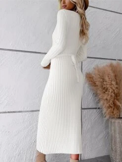 Women's Sweater Dress Winter Dress Jumper Dress Midi Dress Ribbed Outdoor Work Street Fashion Modern V Neck Long Sleeve 2023 Slim Black White Wine Color S M L XL Size -Tesla Style xxbmwu1694602908080