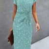 Women's Work Dress Sheath Dress Semi Formal Dress Fashion Midi Dress Ruched Print Crew Neck Short Sleeve Polka Dot Stripe Loose Fit Green Summer Spring S M L XL XXL