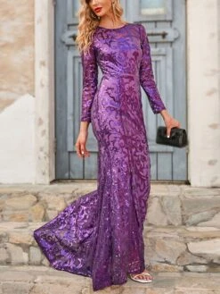 Women's Prom Dress Party Dress Sequin Dress Long Dress Maxi Dress Purple Gold Long Sleeve Solid Color Sequins Spring Fall Winter Crew Neck Fashion Party Winter Dress Wedding Guest 2022 S M L XL XXL -Tesla Style xxxmte1663663292827