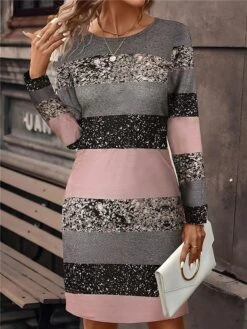 Women's Casual Dress Sweatshirt Dress Mini Dress Active Fashion Outdoor Holiday Vacation Crew Neck Print Striped Loose Fit White Pink Blue S M L XL XXL -Tesla Style xycmru1695195913626