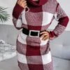 Women‘s Christmas Sweater Dress Winter Dress Sheath Dress Blue Wine Khaki Gray Long Sleeve Plaid Color Block Patchwork Winter Fall Turtleneck Casual S M L -Tesla Style xydyoz1634118520244