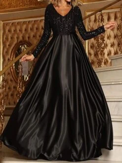 Women‘s Formal Party Dress Satin Dress Maxi Dress Green Khaki Silver Beige Black Long Sleeve Pure Color Sequins Winter V Neck Stylish Elegant Wedding Guest Fall Dress 2023 M L XL XXL 3XL 4XL -Tesla Style xyhsyi1647942878893