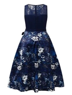 Women's Elegant Retro Vintage Tea Dresses Swing Dress Midi Dress Party Birthday Lace Bow Floral Crew Neck Sleeveless Regular Fit Spring Summer 2023 Dark Blue S M L XL -Tesla Style xykalj1684134571090