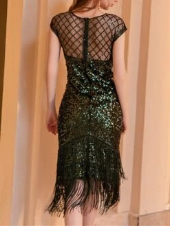 Women‘s Party Dress Fringe Dress Sequin Dress Black Dress Midi Dress White Champagne Short Sleeve Pure Color Sparkly Glitter Sequins Spring Fall Winter Crew Neck Fashion Wedding Guest Birthday -Tesla Style xyvjwv1692178319699