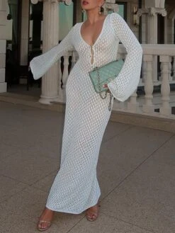 Women's Sweater Dress Winter Dress Jumper Dress Midi Dress Hollow Out Ribbed Outdoor Daily Date Active Fashion V Neck Long Sleeve 2023 Regular Fit White Green Color S M L Size -Tesla Style xzmcmz1692695942565