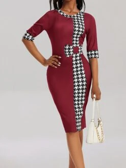 Women's Work Dress Sheath Dress Black Dress Fashion Office Daily Midi Dress Patchwork Print Crew Neck Half Sleeve Houndstooth Regular Fit Black Red Blue Fall Winter S M L XL XXL -Tesla Style xzsnai1694574590551
