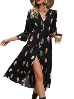 Women's Work Dress Casual Dress Swing Dress Fashion Winter Dress Daily Midi Dress Button Split V Neck Long Sleeve Print Regular Fit Black Fall Winter S M L XL -Tesla Style xzspit1695096213898