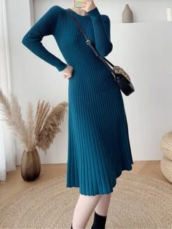Women's Sweater Dress Jumper Dress Casual Dress Midi Dress Fashion Pure Color Outdoor Daily Going Out Crew Neck Long Sleeve 2023 Slim Black Blue Apricot One Size -Tesla Style xztxaw1696670405028