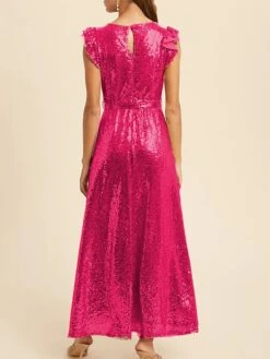 Women‘s Prom Dress Party Dress Sequin Dress Long Dress Maxi Dress Rose Short Sleeve Pure Color Sparkly Glitter Lace Up Fall Winter Autumn Crew Neck Fashion Evening Party Vacation 2023 S M L X -Tesla Style xzvwnn1694505427669