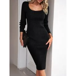 Women's Sweater Dress Winter Dress Jumper Dress Midi Dress Split Daily Date Going Out Active Fashion Crew Neck Long Sleeve 2023 Slim Black Blue Green Color S M L XL Size -Tesla Style xzwceh1692353015589