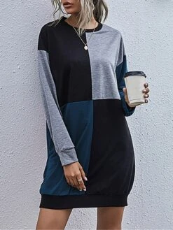 Women's Casual Dress Hoodie Dress Mini Dress Fashion Daily Outdoor Home Vacation Crew Neck Patchwork Print Loose Fit Blue Army Green Dark Gray S M L XL -Tesla Style yaurcw1693535795757