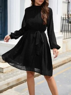 Women's Work Dress Chiffon Dress Black Dress Fashion Mini Dress Lace Up Ruched Crew Neck Long Sleeve Plain Loose Fit Black White Wine Fall Winter S M L XL XXL -Tesla Style ybploc1693373933871