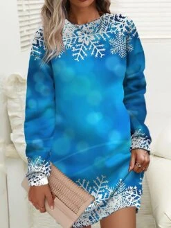 Women‘s Christmas Casual Dress Sweatshirt Dress Mini Dress Warm Fashion Outdoor Holiday Crew Neck Print Tree Loose Fit Royal Blue Blue Gray S M L XL XXL -Tesla Style ybrjad1694165167082
