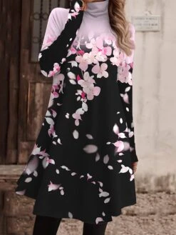 Women's Work Dress Casual Dress Fashion Winter Dress Daily Mini Dress Print Turtleneck Long Sleeve Floral Letter Regular Fit Light Pink Black Light Green Fall Winter S M L XL XXL -Tesla Style ybyywa1694156933444