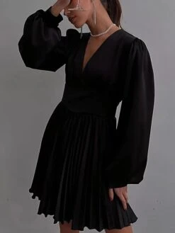 Women's Party Dress Satin Dress Swing Dress Mini Dress Claret Black Blue Long Sleeve Pure Color Pleated Fall Winter Autumn V Neck Stylish Party Winter Dress Birthday 2023 S M L XL 2XL -Tesla Style ycheon1666175473561