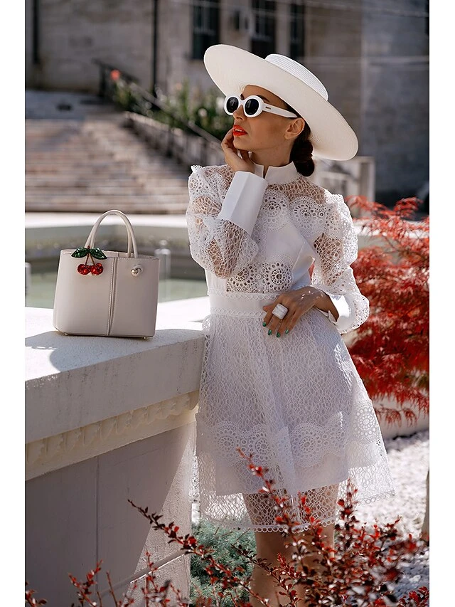 Women's Party Dress Lace Dress Homecoming Dress Mini Dress Black White Long Sleeve Pure Color Lace Summer Spring Fall Stand Collar Fashion Wedding Guest Birthday Vacation Slim 2023 S M L XL 16 Women's Party Dress Lace Dress Homecoming Dress Mini Dress Black White Long Sleeve Pure Color Lace Summer Spring Fall Stand Collar Fashion Wedding Guest Birthday Vacation Slim 2023 S M L XL - Image 14