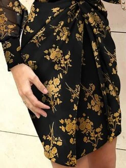 Women's Normal Satin Dress A Line Dress Mini Dress Leopard Safflower On White Yellow Flower On Black Long Sleeve Leopard Ruched Summer Spring V Neck Ethnic Style Winter Dress Fall Dress 2023 S M L XL -Tesla Style yclssm1625548203333