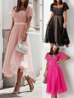Women's Party Dress Corset Dress Lace Dress Midi Dress Black Pink Fuchsia Short Sleeve Polka Dot Lace Summer Spring Square Neck Fashion Birthday Wedding Guest Vacation Slim S M L XL
