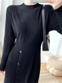 Women's Sweater Dress Winter Dress Jumper Dress Midi Dress Pleated Button Daily Date Going Out Fashion Basic Crew Neck Long Sleeve 2023 Slim Black Brown Green Color S M L XL Size -Tesla Style yczvyk1692687927633
