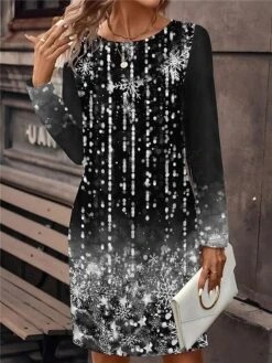 Women's Christmas Dress Casual Dress Mini Dress Active Fashion Outdoor Christmas Holiday Crew Neck Print Snowflake Loose Fit Wine Blue Gray S M L XL XXL -Tesla Style ydbpjh1697108823638