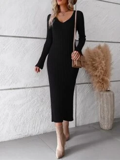 Women's Sweater Dress Winter Dress Jumper Dress Midi Dress Ribbed Outdoor Work Street Fashion Modern V Neck Long Sleeve 2023 Slim Black White Wine Color S M L XL Size -Tesla Style ydcxkn1694602909652