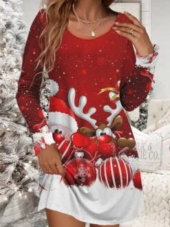 Women‘s Christmas Work Dress Casual Dress Fashion Winter Dress Daily Mini Dress Print Crew Neck Long Sleeve Santa Claus Elk Loose Fit Black Wine Red Fall Winter S M L XL XXL