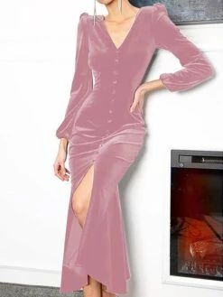Women's Prom Dress Party Dress Velvet Dress Long Dress Maxi Dress Black Pink Wine Long Sleeve Pure Color Button Fall Winter Autumn V Neck Fashion Winter Dress Birthday Evening Party 2023 S M L XL XXL -Tesla Style ydxkqk1693535341760