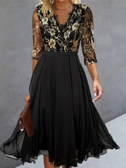 Women's Party Dress Lace Dress Cocktail Dress Midi Dress Black 3/4 Length Sleeve Pure Color Lace Spring Fall Winter V Neck Fashion Wedding Guest Vacation 2023 S M L XL XXL 3XL -Tesla Style ydzpjg1694757930772
