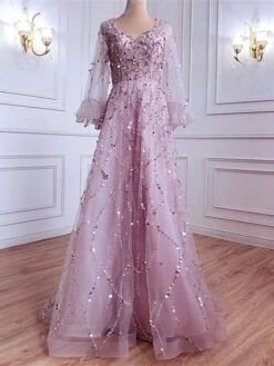 Women‘s Prom Dress Party Dress Sequin Dress Long Dress Maxi Dress Pink Gold Green Long Sleeve Pure Color Sparkly Glitter Sequins Spring Fall Winter V Neck Fashion Winter Dress Wedding Guest -Tesla Style yehhws1693897496568