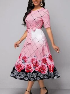 Women's Work Dress Semi Formal Dress A Line Dress Elegant Midi Dress Lace Up Print Crew Neck Short Sleeve Floral Plaid Regular Fit Pink Summer Spring S M L XL XXL -Tesla Style yesalh1681882748361