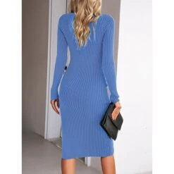 Women's Sweater Dress Winter Dress Jumper Dress Midi Dress Split Daily Date Going Out Active Fashion Crew Neck Long Sleeve 2023 Slim Black Blue Green Color S M L XL Size -Tesla Style yfbylu1692353019022