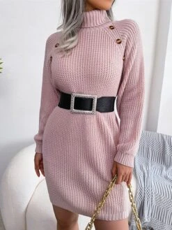 Women's Sweater Dress Winter Dress Jumper Dress Mini Dress Button Outdoor Street Daily Fashion Streetwear Turtleneck Long Sleeve 2023 Loose Fit White Pink Army Green Color S M L Size -Tesla Style yferzg1694154090645